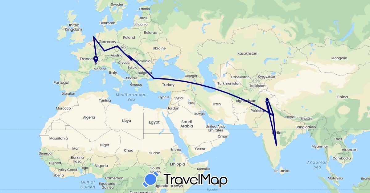 TravelMap itinerary: driving in Switzerland, Czech Republic, Germany, France, Hungary, India, Netherlands, Slovakia, Turkey (Asia, Europe)
